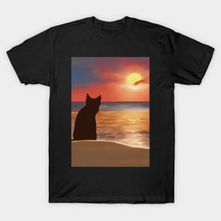 Cute Cat Watching Sunset Scene T-Shirt